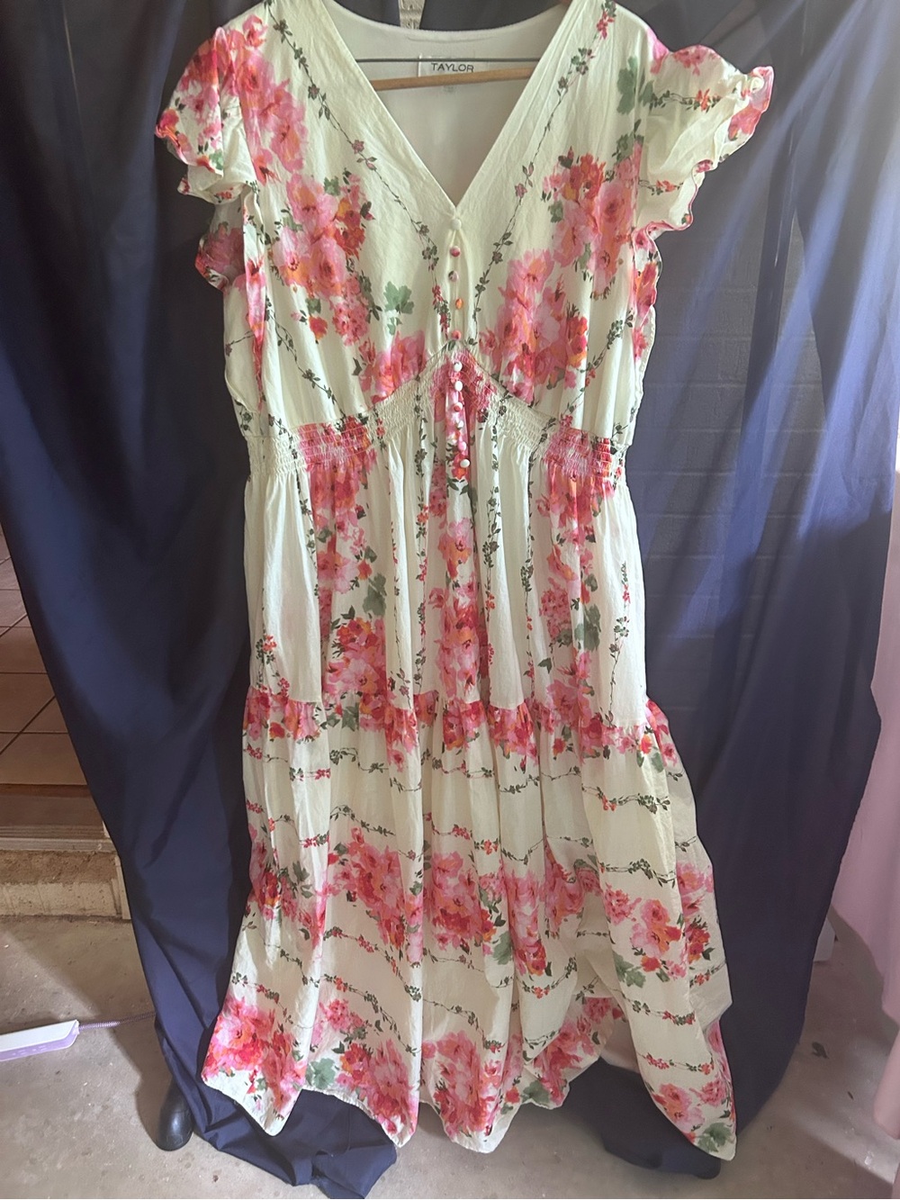 Taylor Floral Pink & Green V-Neck Tiered Dress